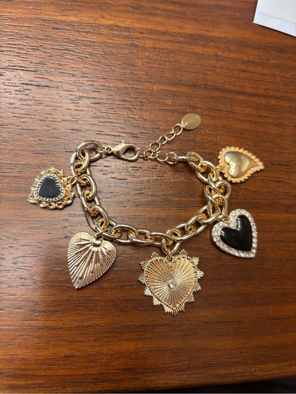 New Gold Heart Charm Bracelet with Black Accents rhinestones adjustable length